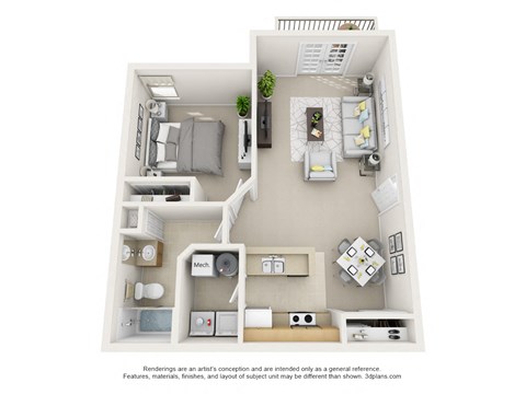Floor plan for 1 bed, 1 bath, 774 sqft